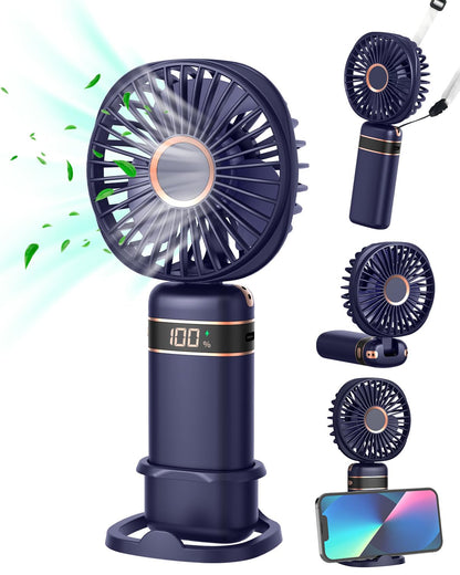 FAPPEN Mini Handheld Fan, Portable USB Hand Held Fan, Rechargeable 5 Speeds Folding Hand Fans with Base and Lanyard for Home Office Bedroom Outdoor Travel(Deep Blue)