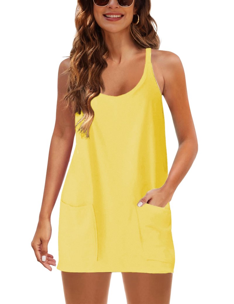 Lentta Womens Athletic Sleeveless Mini Dress with Built-in Shorts V Neck Spaghetti Strap Sundress(LightYellow-S)