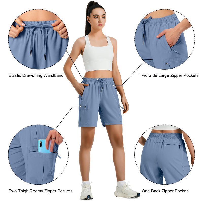 Hugut Women's Lightweight Hiking Cargo Shorts Quick Dry Athletic Shorts Camping Travel Golf Zipper Pockets Water Resistant Stone Blue