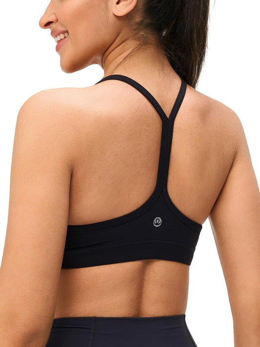 Omwilddo Womens Y Back Padded Sports Bra Strappy U Neck Butter Soft Low Impact Workout Bras Yoga Pilates Walking Black M