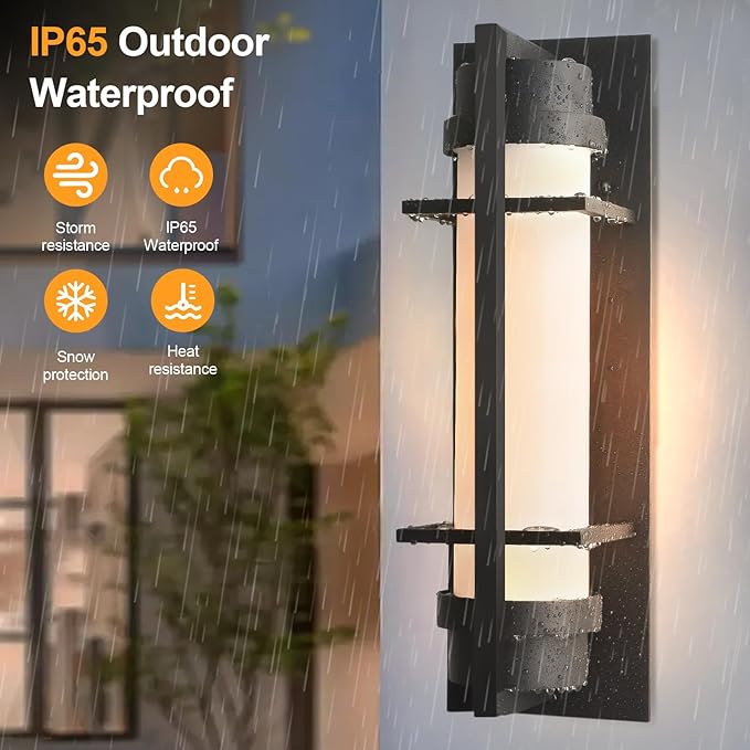 ALVIME 15 inch Large Outdoor Wall Sconce, Exterior Lighting Fixtures, Waterproof Modern Outdoor Wall Light, Black Outside Sconce Lights for House, Entryway, Patio, Garage, E26 Base&Etched Opal Glass