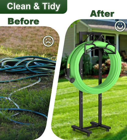 Garbuildman Garden Hose Holder With 4 Spikes, Freestanding Metal Hose Reel for Outside Garden, Detachable Water Hose Hanger Organizer for Yard Lawn, Shiny Black