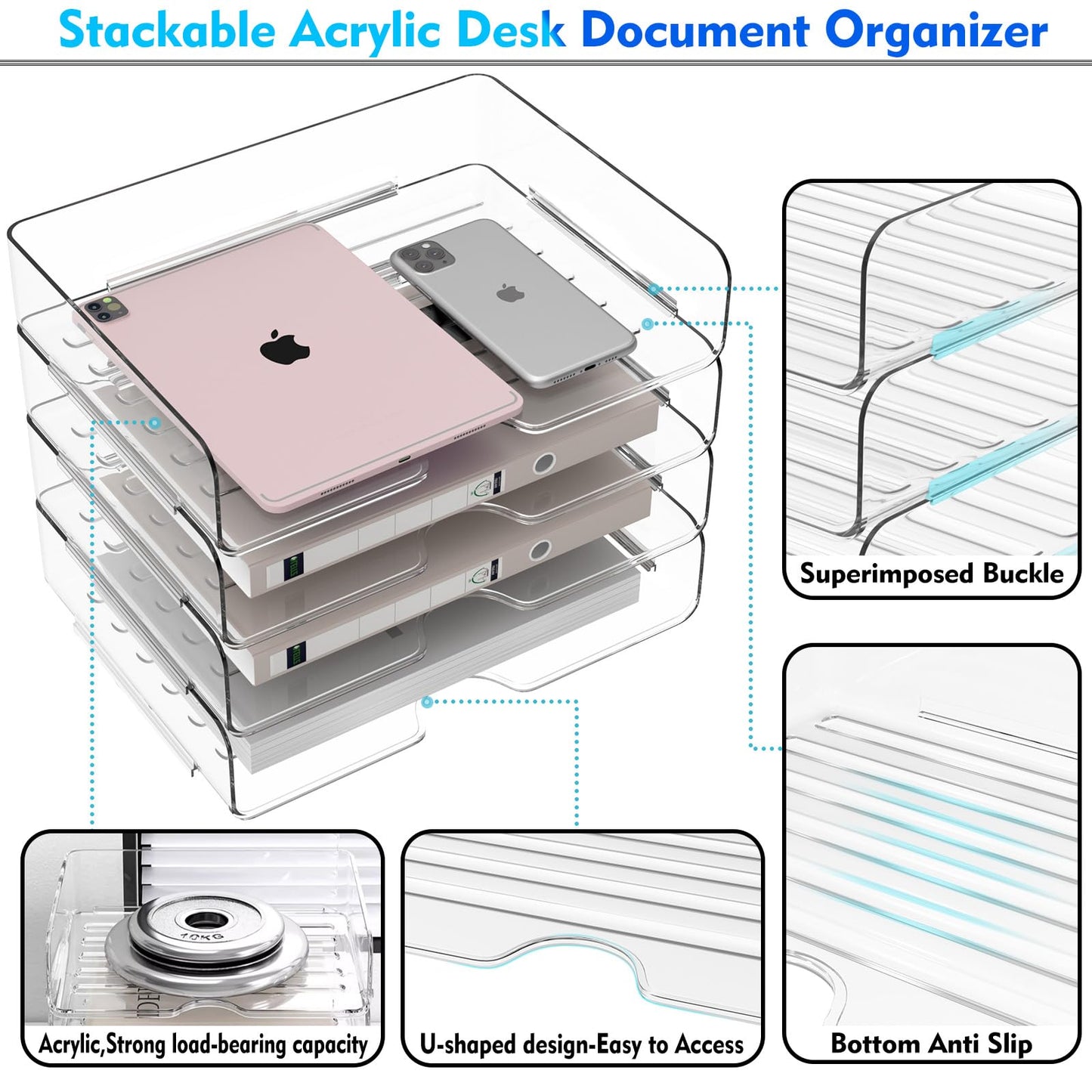 Paper Organizer Letter Tray, 4 Pack Acrylic Stackable Desk File Organizer,Clear Office Organizer for File Paper, Ipad, Letter, A4 Office File, Books, Notes, Etc