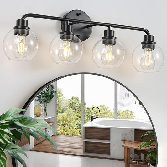 Bathroom Light Fixtures Black Vanity Light 4 Light Wall Sconces Lighting Bathroom Lights with Globe Clear Glass Shade Bath Wall Lights Wall Lamp for Mirror Kitchen Living Room Bedroom Hallway 27 Inch