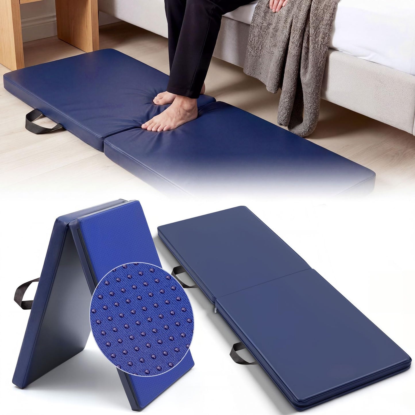 Wesiti 1 Pcs Fall Mat for Elderly Bedside, 70" x 24" x 2" Non Slip Foldable Floor Mat for Seniors Safety Fall Prevention for Handicap, Anti Fatigue Crash Bed Pad (Blue)