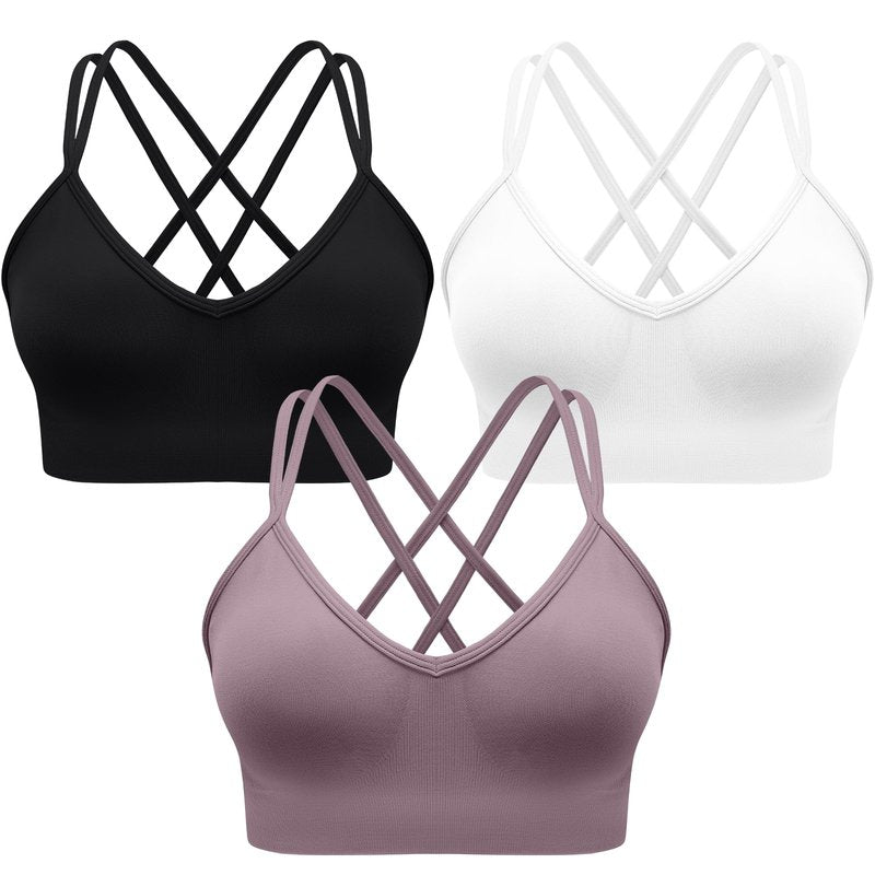 UOOMON Sports Bras for Women V-Neck Strappy Sports Bra Padded Criss Cross Back Medium Support Workout Yoga Bra for Gym Athletic Fitness 3 Pack