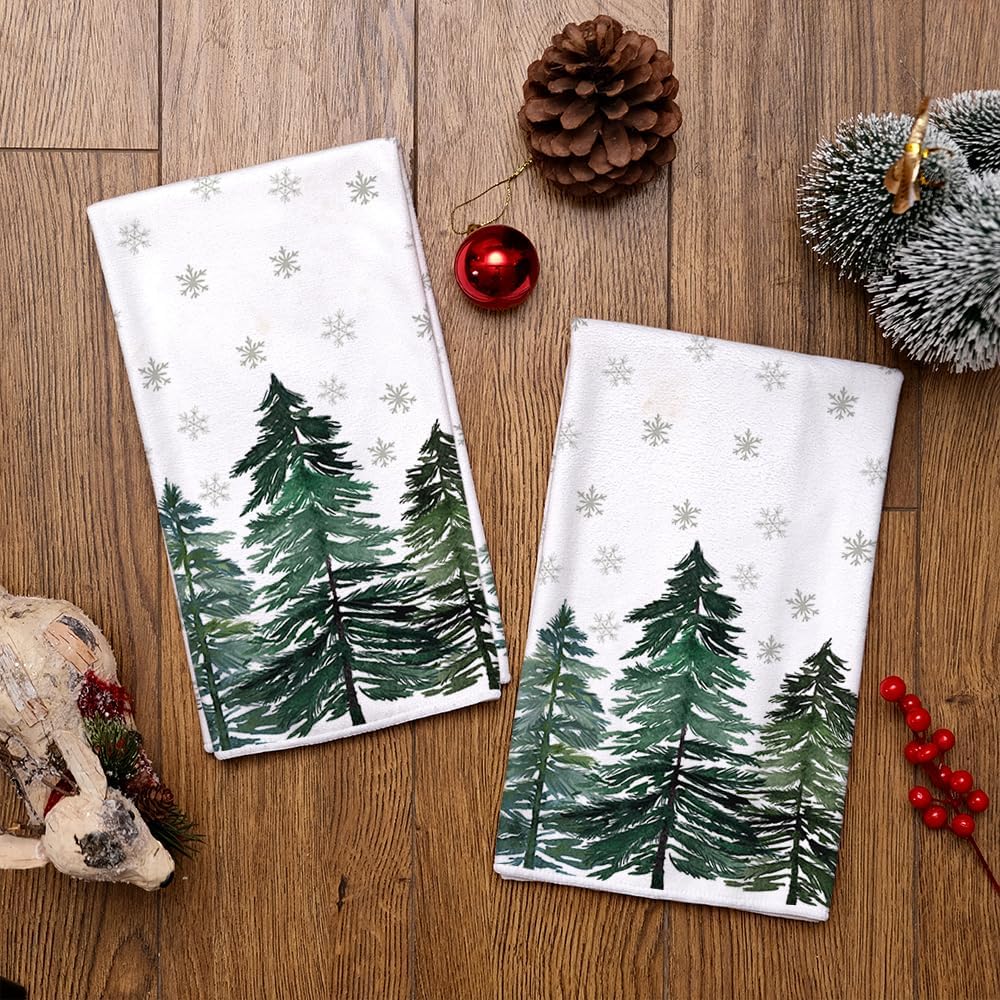 ARKENY Christmas Kitchen Towels Set of 2,Green Xmas Tree Snowflake Dish Towels 18x26 Inch Drying Dishcloth,Farmhouse Nobel Home Decoration AD140