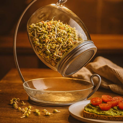 ALCEDIA Premium Sprouting Jar Kit - Unique 30 oz Wide Mouth Sprouting Jar, Stand, Tray and 316 Stainless Screen Lid | Decorative Indoor Seed Sprouter and Germinator (1 Kit)