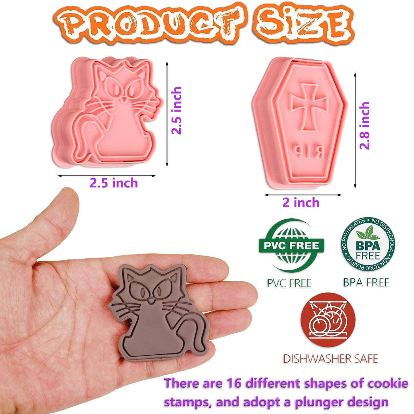 16 Pcs Halloween Cookie Cutters, 3D Cookie Cutter with Plunger Stamp, Halloween Cookie Molds -Ghost, Bat, Pumpkin, Cat, Castle,Tombstone, Witch, Spider, Skull, Etc.