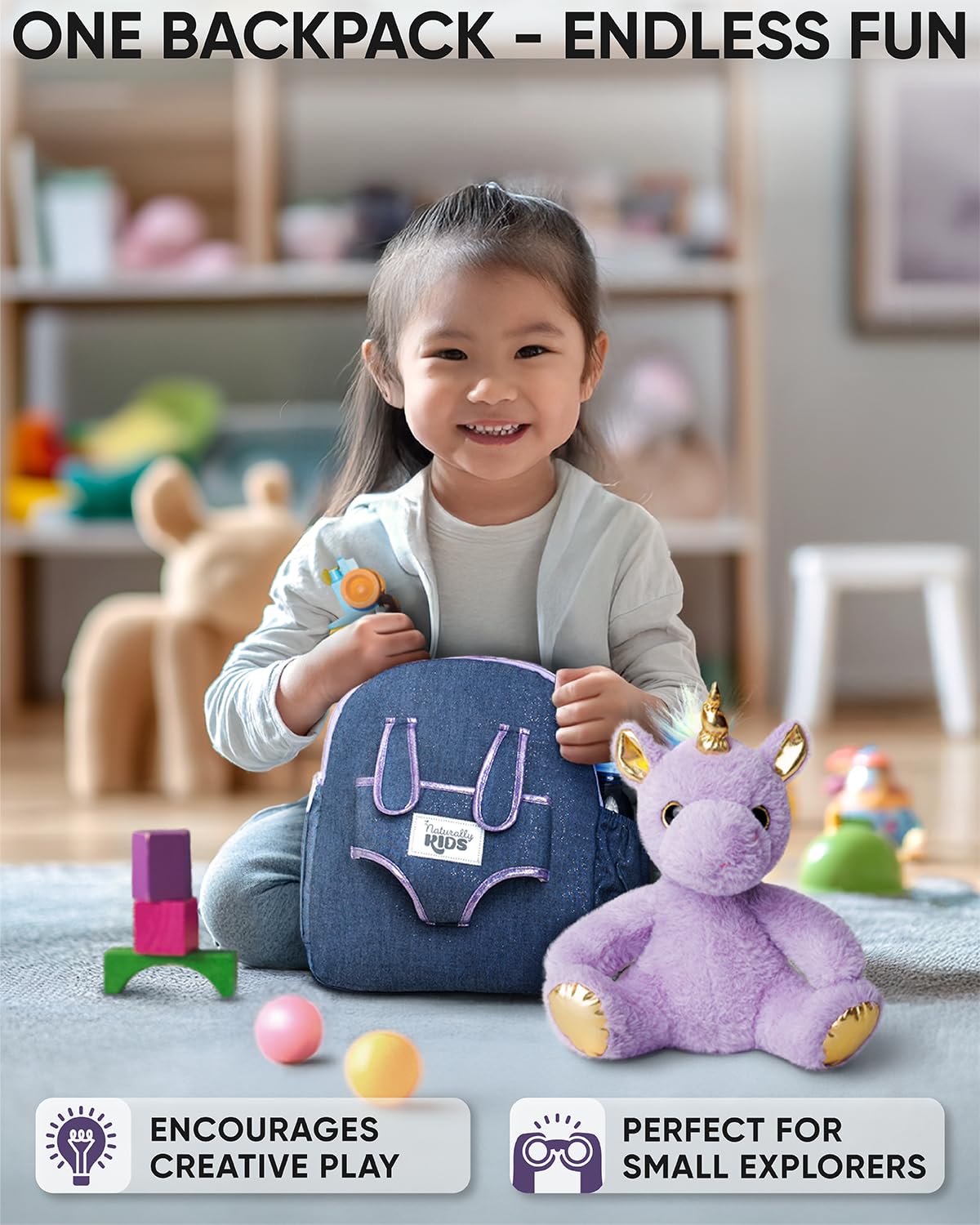 Naturally KIDS Small Unicorn Backpack - 3-4 Year Old Girl Gifts - Toddler Backpack for Girl Boy w Stuffed Animal - Toys for 3 Year Old Girls - w Pockets & Reflective Logo - Backpack w Purple Unicorn