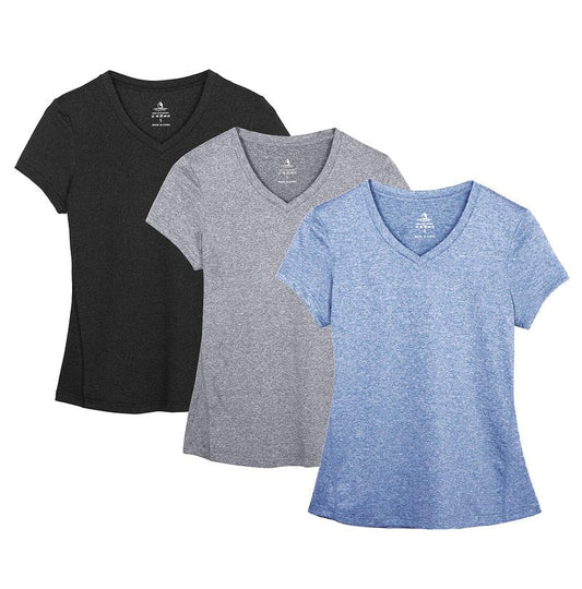 icyzone Workout Shirts Yoga Tops Activewear V-Neck T-Shirts for Women Running Fitness Sports Short Sleeve Tees (XL, Black/Granite/Blue)