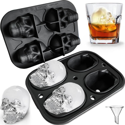 JETKONG Large Skull Ice Mold - 4 Cavity Silicone Skull Ice Maker - Ice Cube Tray for Whiskey, Bourbon, Cocktails and Juice