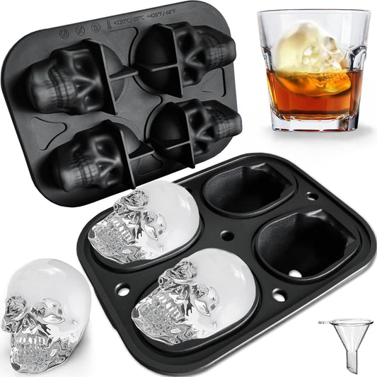 JETKONG Large Skull Ice Mold - 4 Cavity Silicone Skull Ice Maker - Ice Cube Tray for Whiskey, Bourbon, Cocktails and Juice