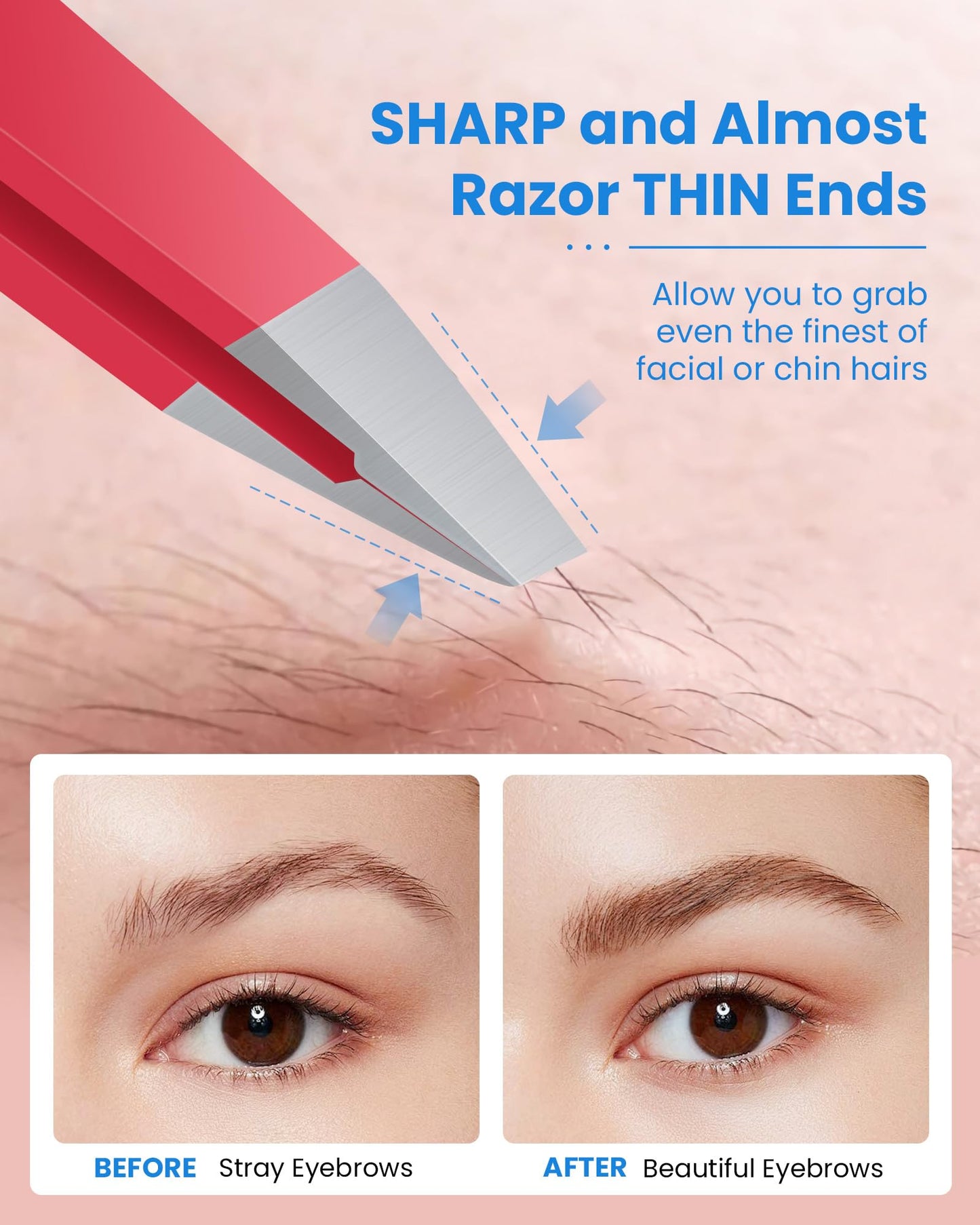 Expert Eyebrow Hair Removal Tweezer with Leather Case, GlamTweeler High Precision Slant Tip Stainless Steel Tweezers for Men and Women (Hot Pink)