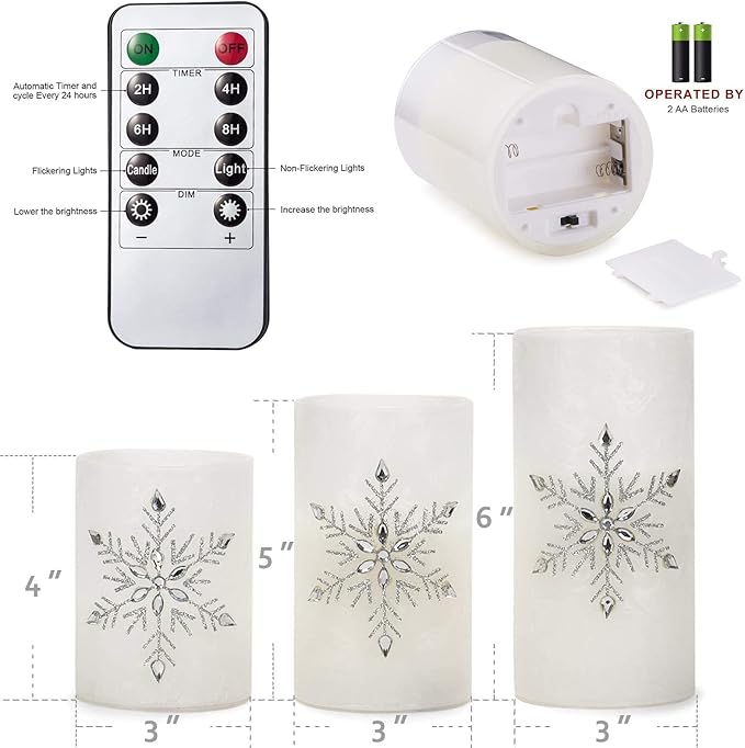 Christmas Flameless Candles, Jeweled Snowflake Iced Glass Candle, LED Flickering Pillar Candle with Timer&Remote for Xmas,Home Decor,Holiday,Set of 3 (D 3” X H 4” 5” 6”)