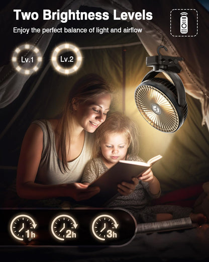 FRIZCOL 12000mAh 8 Inch Portable Clip On Fan Rechargeable, Battery Operated Desk Fan, Camping Fans with lights and Remote, USB Fans Sturdy Clamp for Golf Cart Desk Office Stroller Bedroom Tent