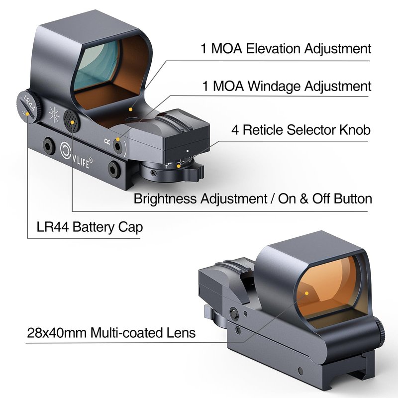 CVLIFE Reflex Sight, 1x28x40mm Red Dot Sight, 4 Adjustable Reticles Sight for 20mm Picatinny Rail, Red Dot Optics, Absolute Co-Witness Silver