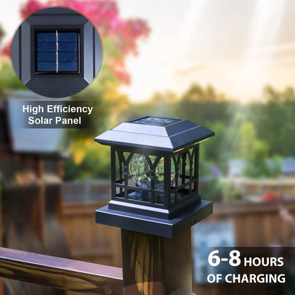 AEFRELEOHT Solar Post Cap Lights, Warm White & RGB Automatic Cycling, Cracked Glass Bulb, 20 Lumens lP65 Waterproof Fit 3.6x3.6 4x4 4.5x4.5 5x5 Wood Fence Post Solar Powered Lights Black (2 Pack)