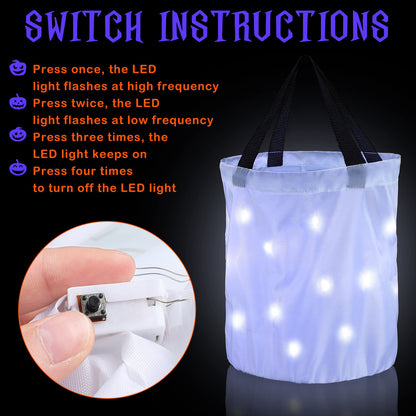 2 Pieces LED Light Halloween Trick or Treat Candy Bags Light up Goodie Trick or Treating Bags Kids Multipurpose Reusable Gift Bucket for Halloween Birthday Party Favor(White)