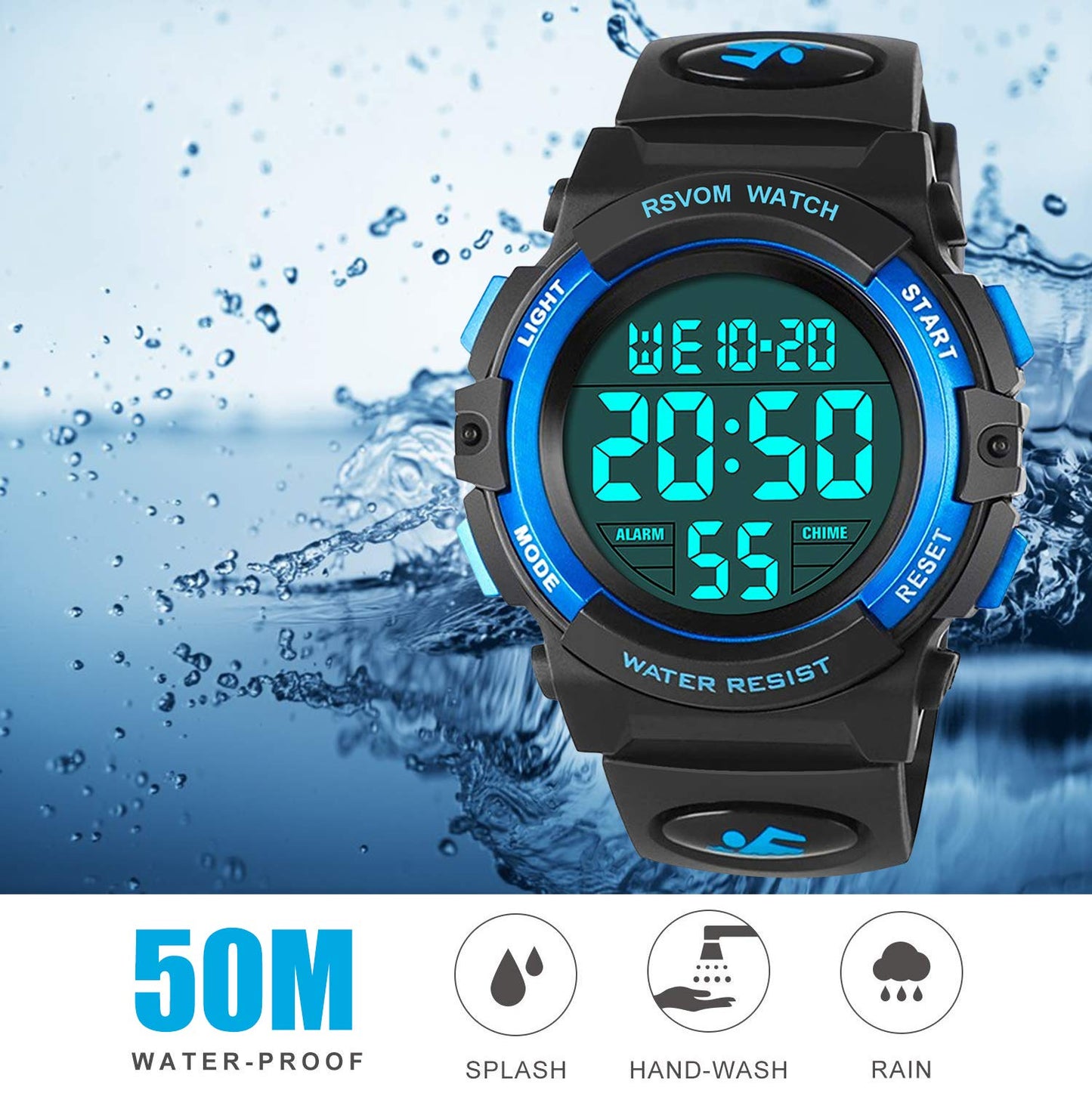 RSVOM Kids Boys Watches, Waterproof Outdoor Digital Sports Watch with Alarm/Stopwatch, Kids Digital Wrist Watches for Birthday Gifts/Gifts Blue, S, Strap, Blue, S, Strap