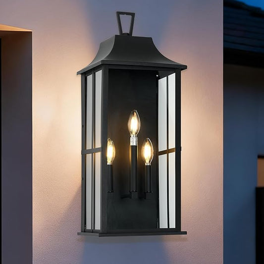 Patio Wall Light Fixture Outdoor Wall Lighting, 25" Large Outside Modern Wall Sconce Lantern, Industrial Porch Light Wall Mount, Waterproof Farmhouse Exterior Lamp 3-Light,Bulbs Not Included
