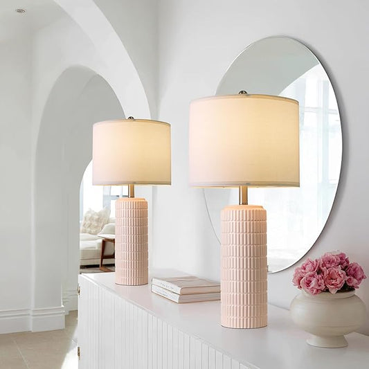PoKat 27.5" Pink Ceramic Table Lamps for Girls Room Set of 2, Modern Bedroom Lamps, Bedside Lamps for Night Stands Living Room, Cute Lamps Pink Decor, Nightstands Desk Nursery