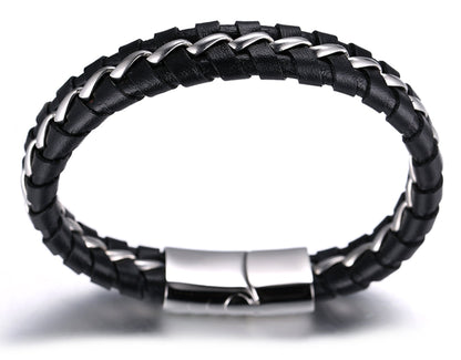 HALUKAKAH Kids ● Solo Junior ● Boy's Genuine Leather Bracelet Black 6-12 Y/O. Titanium Silver Chain Magnetic Clasp 7"/18cm with Free Giftbox