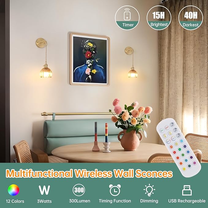 Battery Operated Wall Sconce with Amber Tulip Shade Pattern Glass Adjustable Chain Retro Gold Wall Mounted Light, Modern Wall Lamp Fixtures Decor for Bedside Bedroom Indoor Doorway