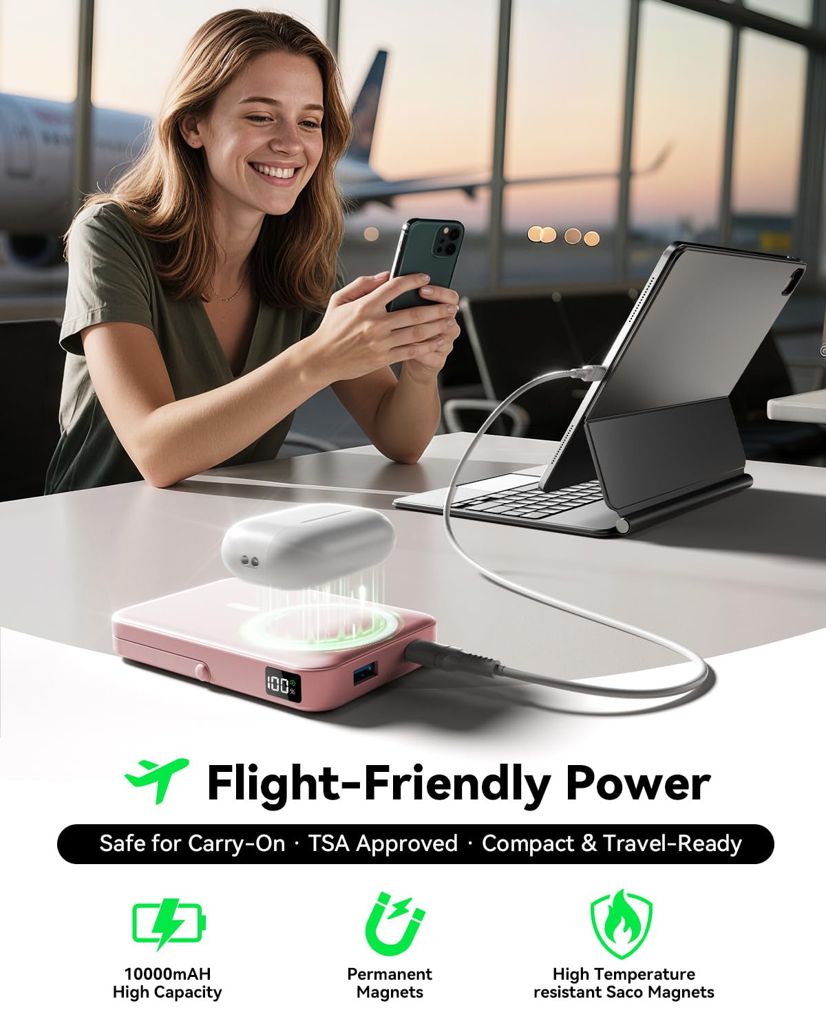 for Magsafe Battery Pack 10000mAh Power Bank with Foldable Stand Portable Charger,PD 22.5W Fast Charge,Travel Essential Wireless Charger for iPhone 17/16/15/14/13/12 Series–Black
