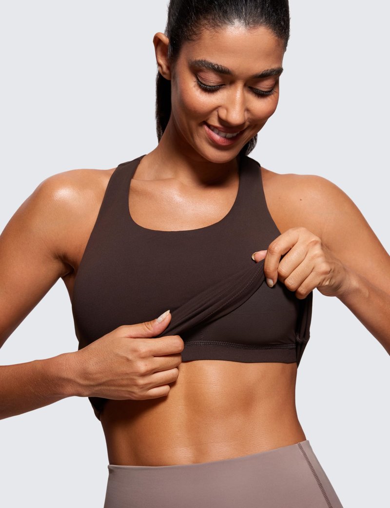 CRZ YOGA Butterluxe Workout Racerback Tank Tops for Women - Padded Athletic Spandex Yoga Shirts with Built in Bra Hot Fudge Brown XX-Small