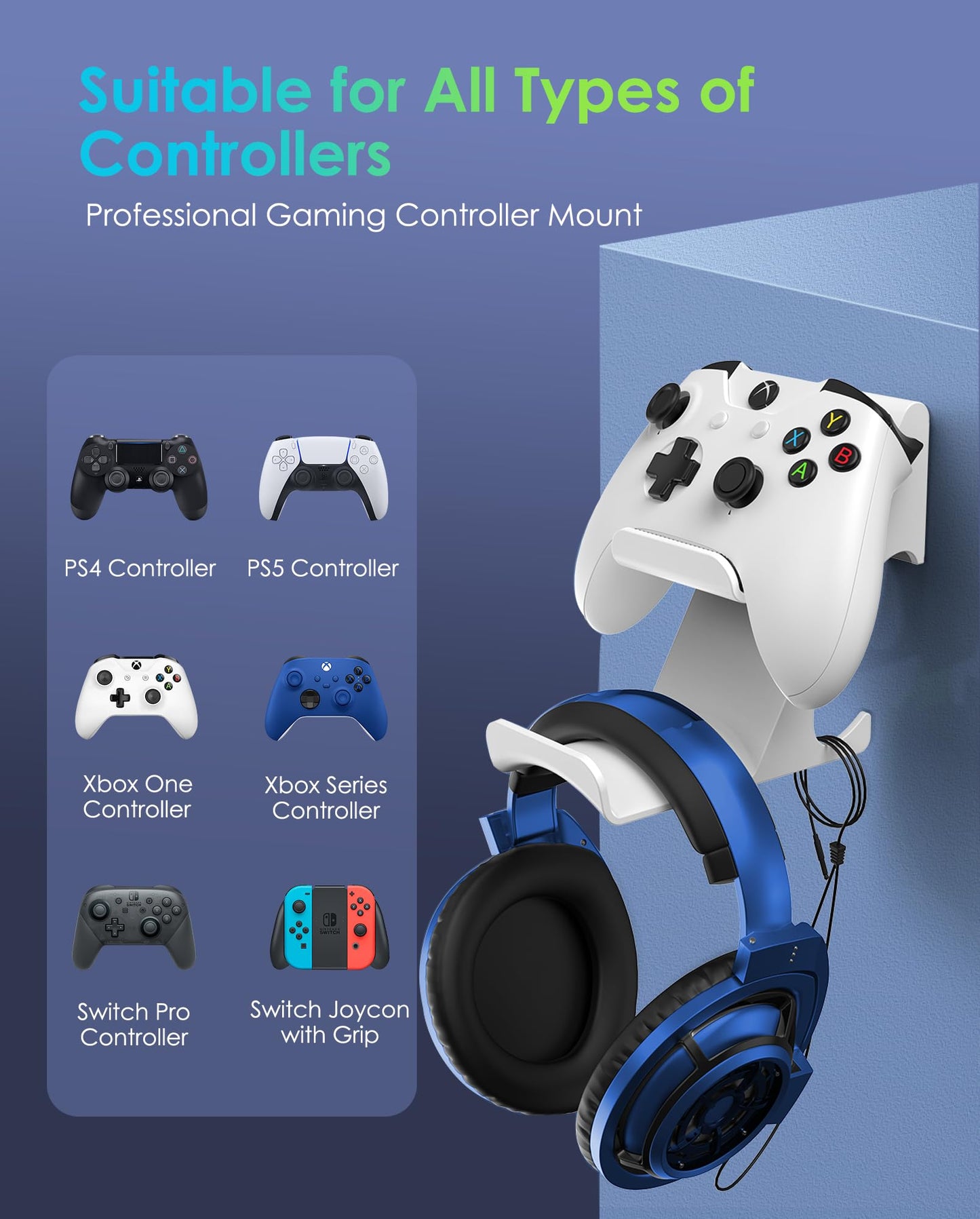 6amLifestyle Controller and Headphone Wall Mount Holder Stand with Cord Hanger for PS5 PS4 Xbox One Switch Pro Gamepad Controller Hook Strong Adhesive/Screws, White