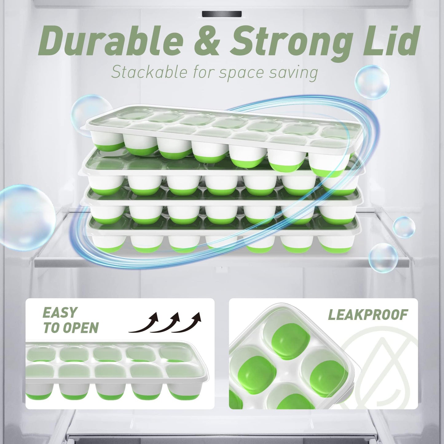 ChefAide Ice Cube Tray with Lid, 4 Packs 56 Cubes Durable Stackable Ice Cube Trays for Freezer with Removable Lids, Easy-Release Plastic & Silicone Ice Tray for Cocktail, Coffee