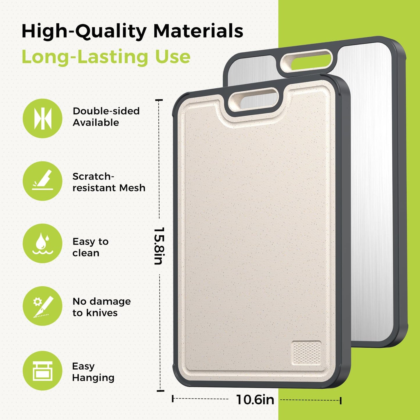 Titanium Cutting Board for Kitchen, Cutting Board Double Sided Food Grade, Pure Titanium and Wheat Straw PP, Dishwasher Safe Easy to Clean Large Size 16”×11”