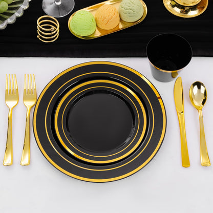 WELLIFE 150 PCS Black and Gold Disposable Dinnerware Set, Plastic Plates for Party, Including 25 Dinner Salad Plates, Cups, Forks Knives Spoons for Halloween and Party Supplies