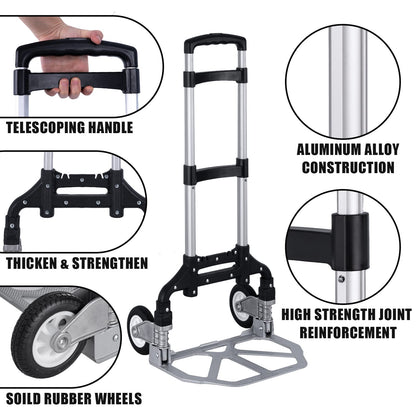 Folding Hand Truck Portable Foldable Dolly Cart Aluminum Luggage Cart Trolley Cart Black MAX Load 180 lbs, with Black Bungee Cord, Telescoping Handle,Solid Aluminium Wheel suspensions, Double Bearings
