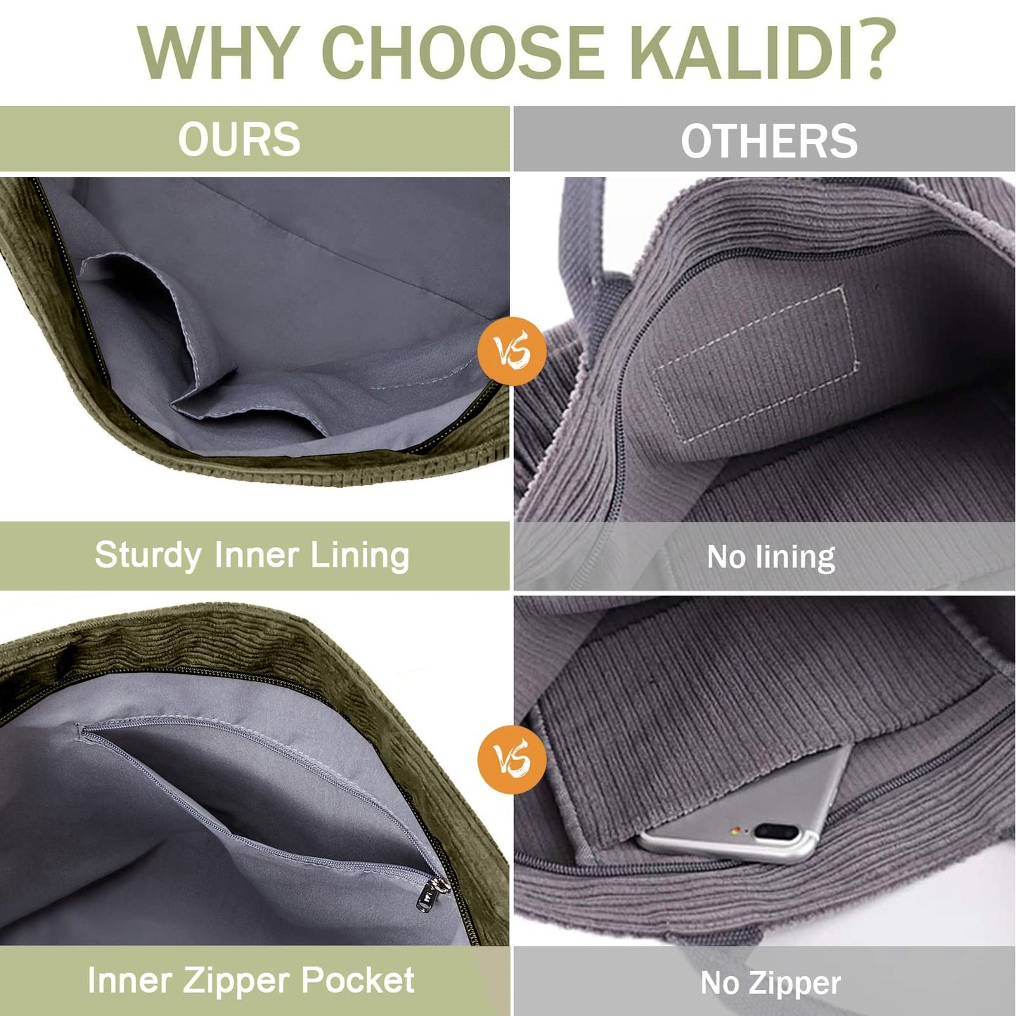 KALIDI Corduroy Hobo Bag Totes Bag Handbag Crossbody Bag Large Capacity Shoulder Bags with Zipper for Women Ladies Girls School,College,Shopping,Work