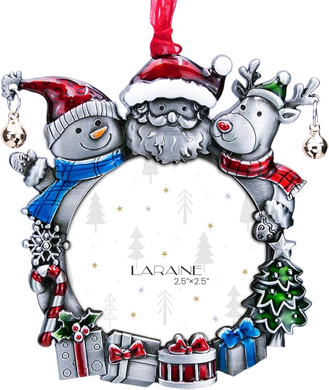 Laraine Christmas Tree Ornaments – Decorative Hanging 2025 Holiday Keepsake Gift Round Pendant with 2.5” Photo Frame Insert for Picture of Pet (Snowman Black)