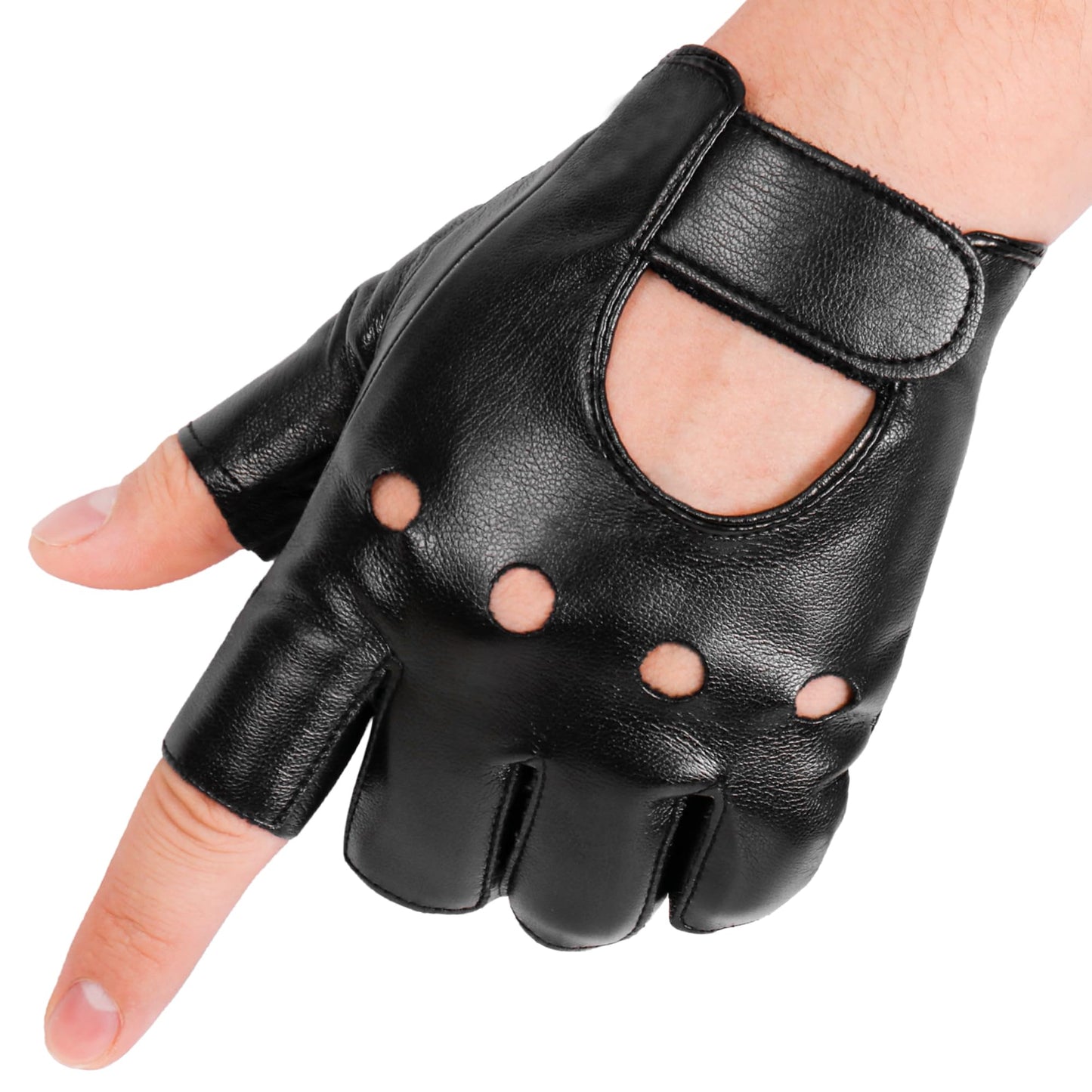 OurHonor Black Fingerless Gloves for Men Women, Halloween PU Leather Half Finger Glove Outdoor Driving Performance Costume Sport, Small (Style A)