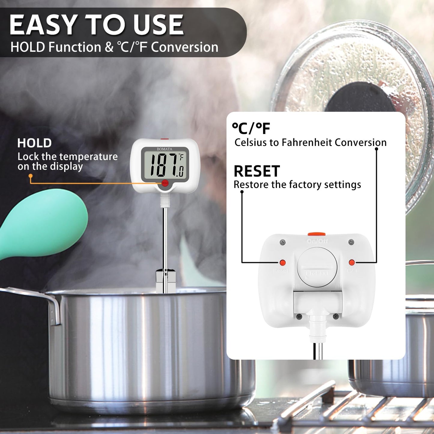 BOMATA Candy Thermometer with Pot Clip, Instant Read Cooking Thermometer with 8" Long Probe, Rotating Display, for Candy Making, Food, Candle Making, Liquids, Water, Baking, Sugar, Grilling. White