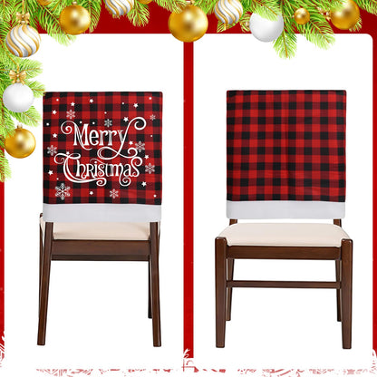 CCINEE 6pcs Christmas Chair Back Covers, Red and Black Buffalo Plaid Chair Slipcovers with Snowflake Xmas Chair Back Cover for Dining Room Kitchen Wedding Hotel Xmas Party Table Decor