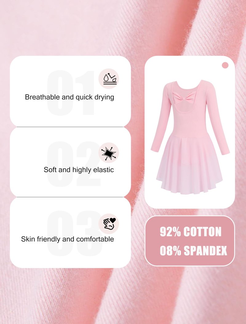 MdnMd Ballet Leotards for Girls Toddler Long Sleeve Dance Leotard Skirted Gymnastics Ballerina Outfit AM300 (Ballet Pink, 4-6 Years)