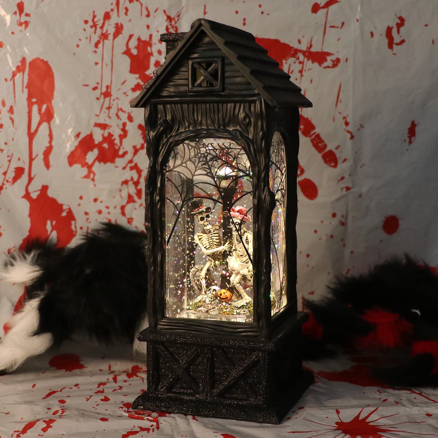 GenSwin Halloween Skeleton Snow Globe Lantern Ghost Projection Lamp with 6 Hour Timer, Battery Operated & USB Powered LED Spinning Water Glittering Globe Halloween Decoration Parties(11”, 3AA)