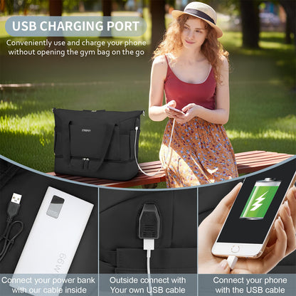 ETRONIK Gym Bag for Women, Personal Item Travel Bag with Shoes Compartment, Weekender Overnight Duffel Bag with Wet Pocket & USB Charging Port, Carry On Bag for Women, Travel, Gym, Weekend (Black)