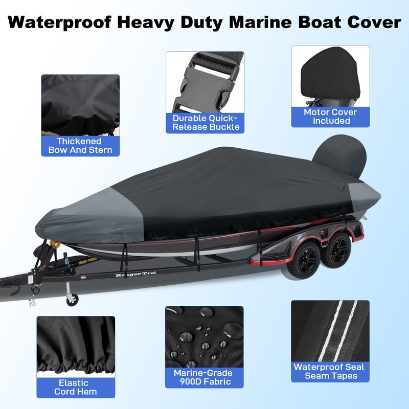Caminor Boat Cover 16-18.5ft, Bass Tracker Boat Cover with Sand Bag Mooring Kit, 1200D Marine Canvas Waterproof Heavy Duty Boat Covers for 16 feet 17ft 18' Foot V Hull Bass & Runabout Boat,Black