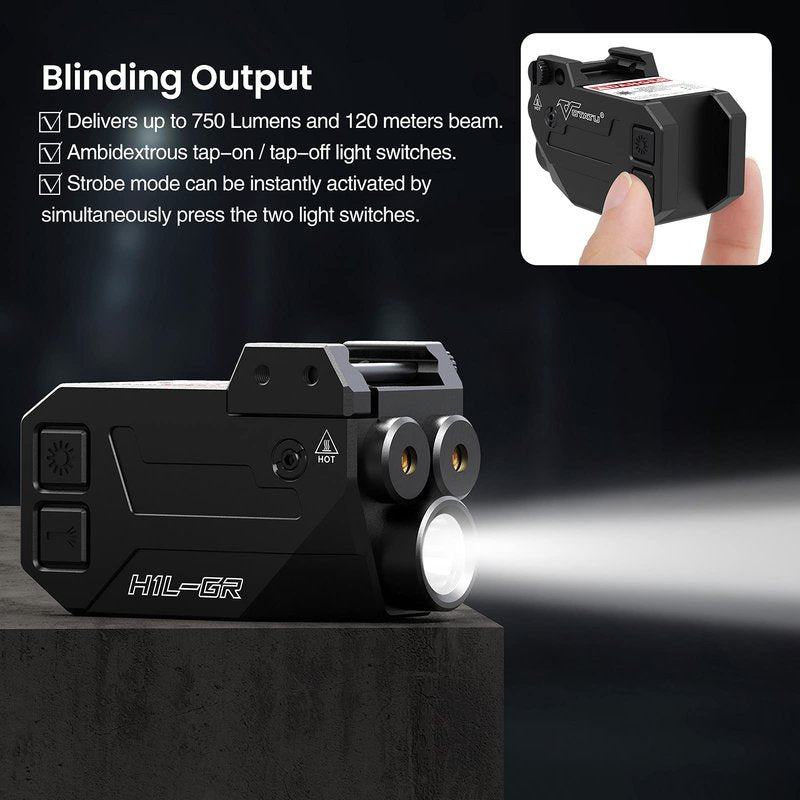 Votatu H1L-GB Laser Light Combo, 3 in 1 Strobe Green Blue Laser Sight with 750 Lumen Strobe Weapon Light for Pistol, Laser Beams for Handgun Picatinny Mount, Magnetic Rechargeable