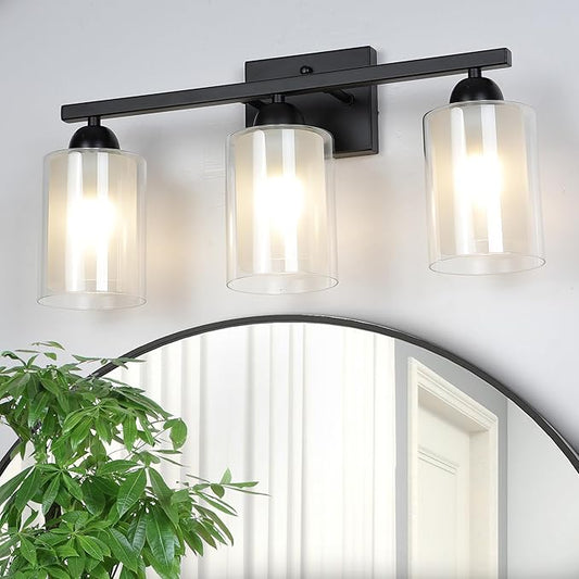 Matte Black Bathroom Vanity Light Over Mirror, 3 Light Bathroom Light Fixtures with Milk Glass and Clear Glass Shades, Modern Vanity Lighting Wall Mount
