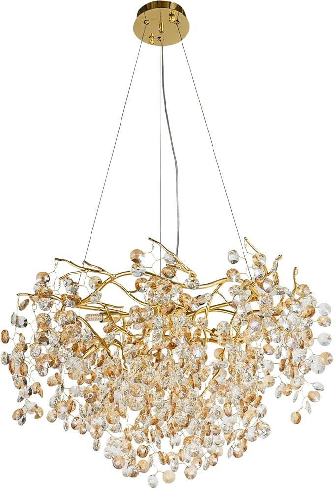 Crystal Gold Chandelier Modern Round Ceiling Pendant Light Fixture Tree Branch Chandeliers for Living Room Dining Room Kitchen Bedroom Hotel