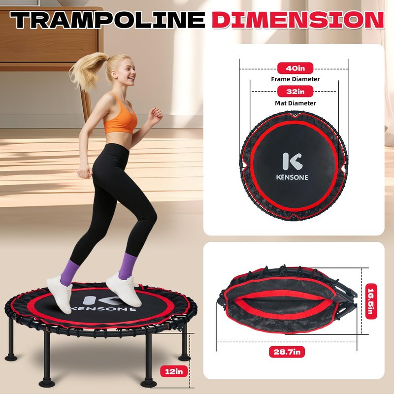 K KENSONE 40" Foldable Rebounder Trampoline for Adults with Bungee, 450 LBS Quiet Indoor Mini Trampoline for Adults Fitness, Gym Workout, Home Exercise, Red