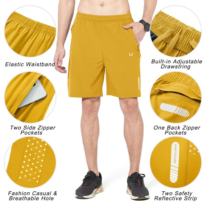NORTHYARD Men's Athletic Running Shorts Gym Workout 7"/9"/5" Quick Dry Lightweight Sports Basketball Tennis 3 Zipper Pockets Yellow M