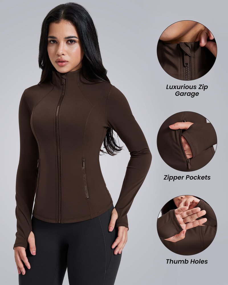 AVGO Womens Workout Jackets Lightweight Athletic Zip Up Jacket Slim Fit Running Gym Top with Pockets & Thumb Holes(Roasted Brown, L)